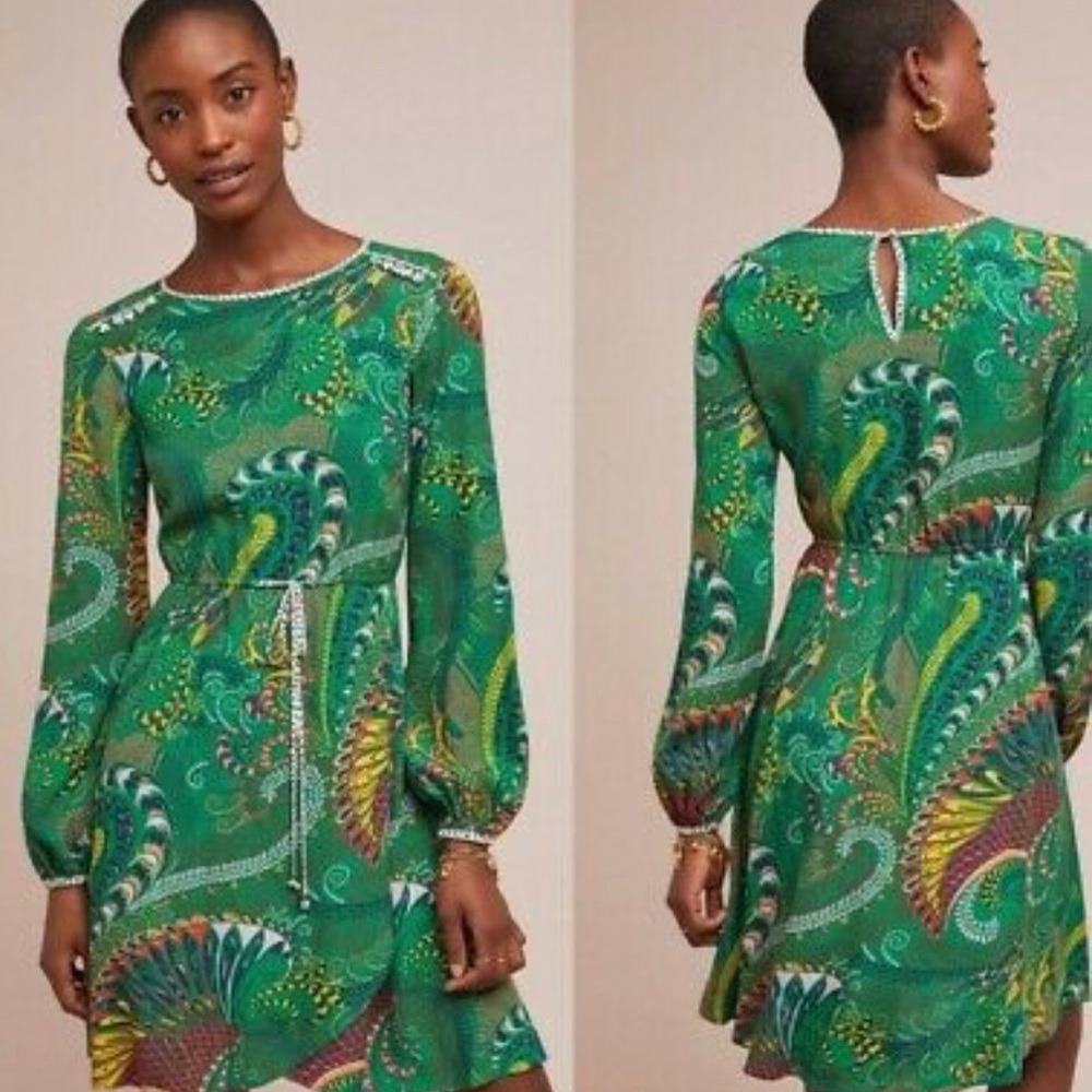 Anthropologie flowy green mini dress